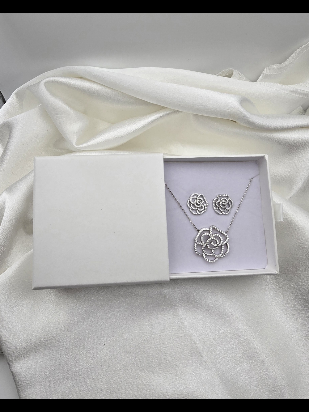 Sterling Silver 925 Floral Crystal Necklace and Earrings Set